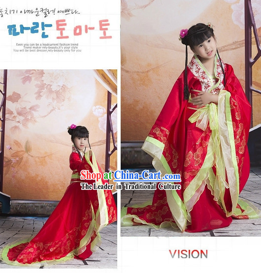 China Imperial Princess Red Hanfu Wedding Suit with Long Trail