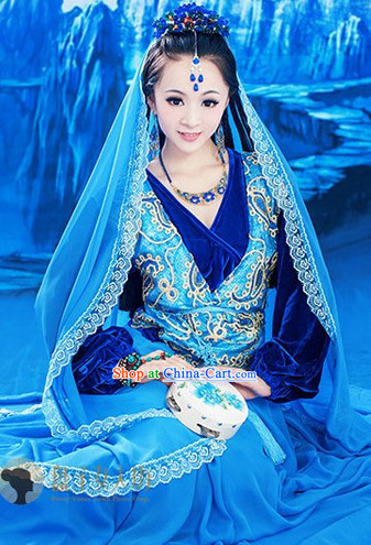 Ancient Chinese Ethnic Dance Costumes and Headwear Complete Set