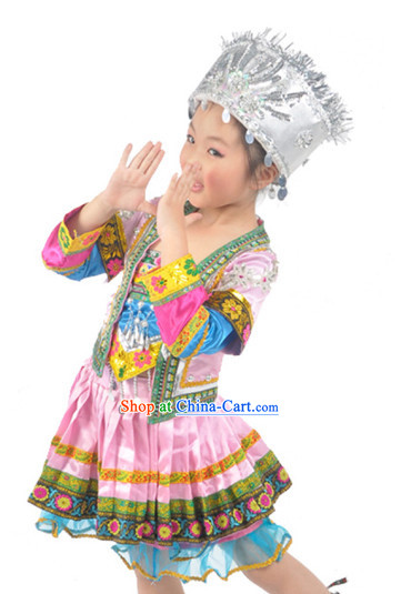 Chinese Miao Minority Dancing Outfit and Hat for Kids