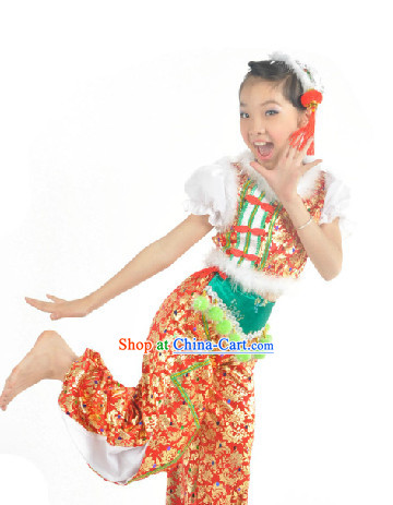 China Children Fan Dance Costume and Headdress