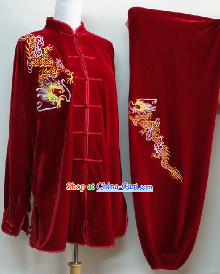 Traditional Red Winter Wear Dragon Embroidery Kung Fu Suit