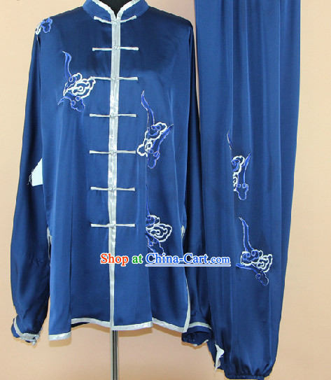 Traditional Chinese Blue Embroidered Martial Arts Uniform Complete Set