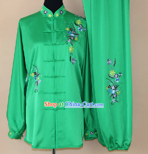 Traditional Silk Green Kung Fu Competition Uniforms Complete Set