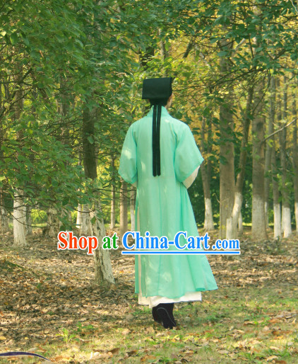 Ancient Chinese Green and White Academic Clothes and Hat for Men