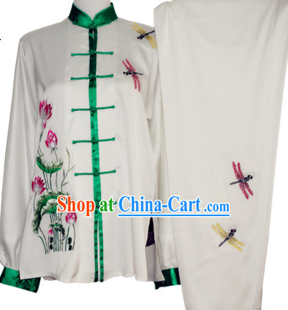 Traditional Tai Chi Chuan Embroidery Dragonfly and Lotus Silk Outfit