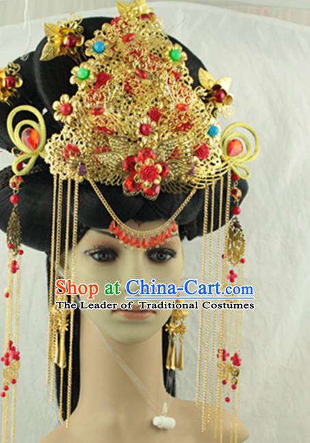Ancient Chinese Lady Wedding Headpieces Hat and Black Long Wigs