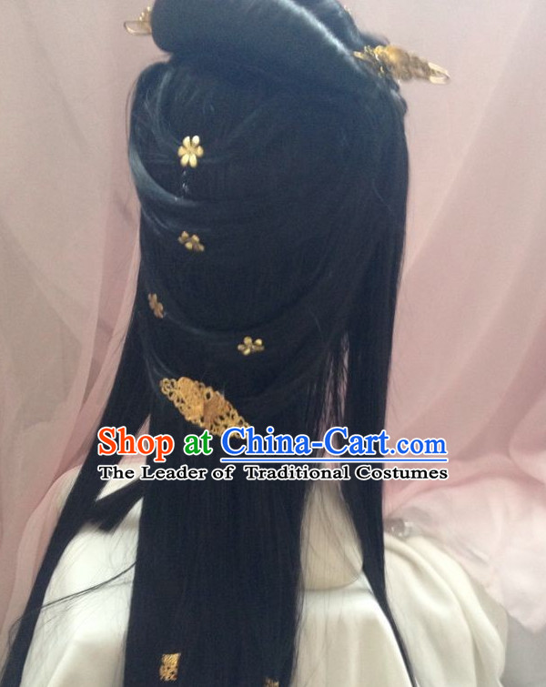 Chinese Cosplay Long Black Wigs Hair Accessories Fairy Legend Queen Princess Emperor