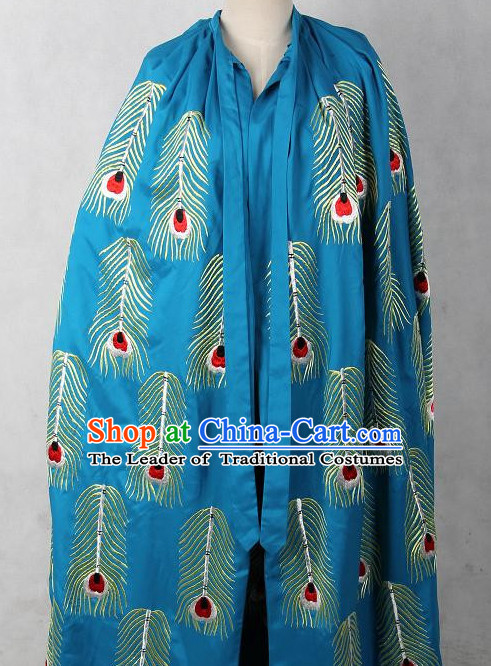 Chinese Opera Blue Peacock Feather Mantle Cape