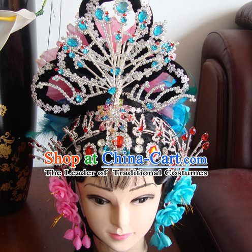 Chinese Opera Stage Theatrical Performances Ancient Queen Black Long Wigs and Hair Accessories Set