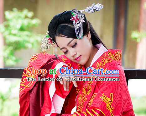 Traditional Chinese Wedding Bridal Gowns Clothing and Handmade Hair Accessories Complete Set