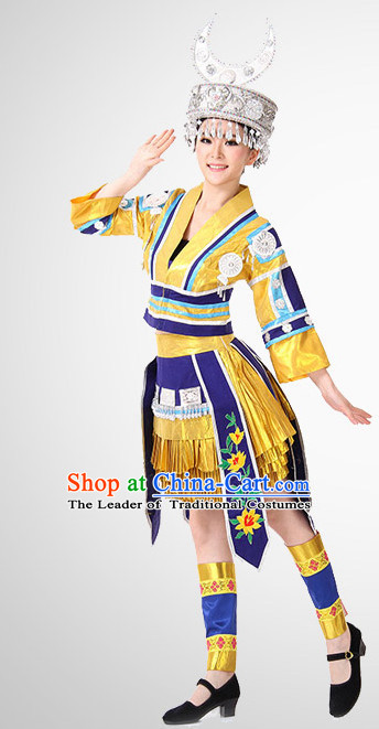 Chinese Folk Miao Ethnic Dance Costume Wholesale Clothing Discount Dance Costumes Dancewear Supply and Headpieces for Ladies