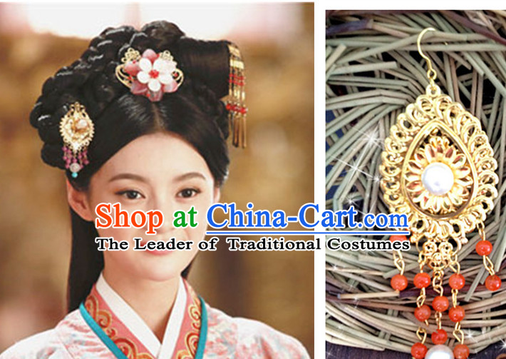Chinese Princess Black Long Wigs and Headwear Headpieces Hair Jewelry Headdress for Women