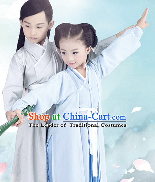 Chinese Swordsman and Swordswomen Costume Ancient China Ethnic Costumes Han Fu Dress Wear Outfits Suits Clothing for Kids