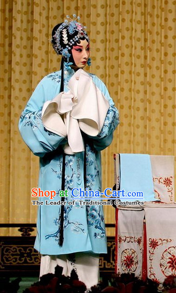 Sky Blue Ancient Chinese Asian Peking Opera Costumes Qing Yi Costume and Hair Jewelry Complete Set