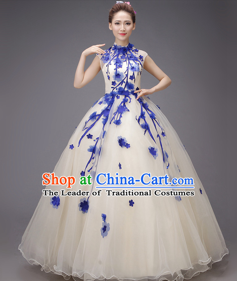 Chinese Plum Blossom Long Evening Dress Opening Dance Festival Parade Costumes and Hair Accessories Complete Set