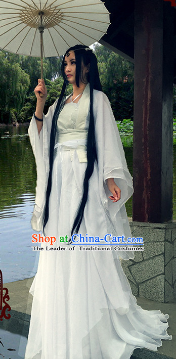 Traditional Chinese Pure White Dress Costume and Headwear Complete Set for Women or Men