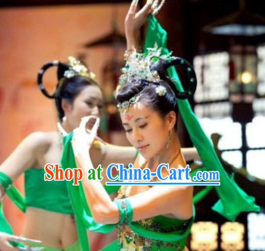 Chinese Green Classical Dance Costumes and Hair Accessories