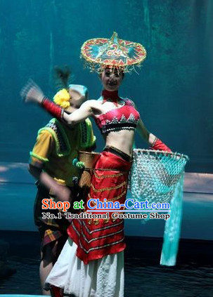 China Ethnic Dance Costumes and Hat Complete Set