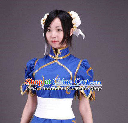 Blue China Girl Cosplay Outfit and Headwear Complete Set for Women