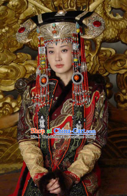 Chinese Ancient Mongolian Emperss Costumes and Hat Complete Set for Women