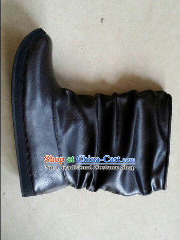 Handmade Chinese Traditional Ancient Swordman Men Black Leather Boots Footwear