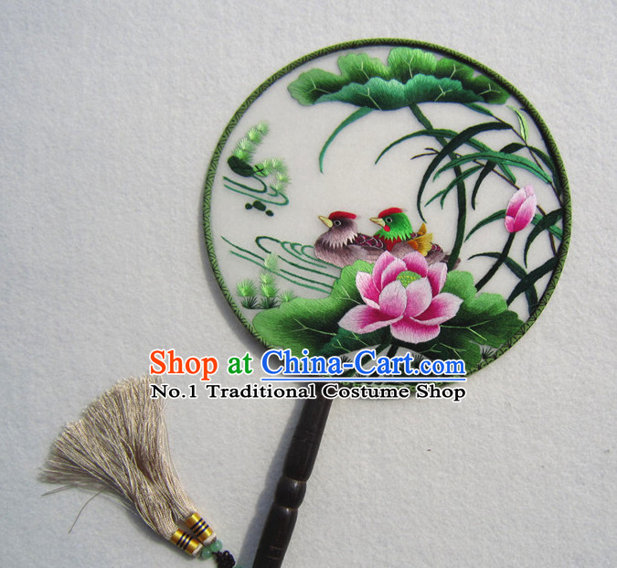 Chinese Traditional Hand Made and Embroidered Palace Lotus Mandarin Fan Arts