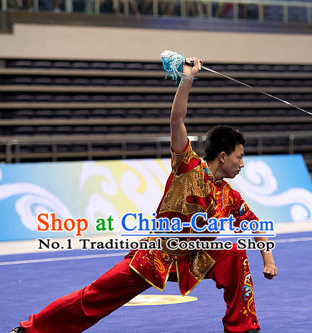 Top Red Embroidered Martial Arts Uniform Supplies Kung Fu Southern Swords Broadswords Championship Competition Uniforms for Men