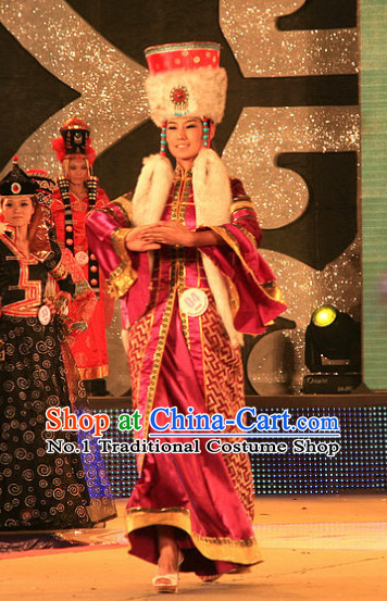 Chinese Ethnic Mongolian Empress Costumes and Hat Complete Set for Women