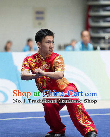 Top Red Embroidered Chinese Kung Fu Uniform Martial Arts Uniforms Kungfu Suits Competition Costumes Complete Set