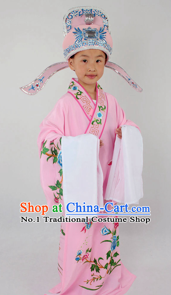Chinese Beijing Opera Peking Opera Young Scholar Costumes Long Robe and Hat Complete Set for Kids