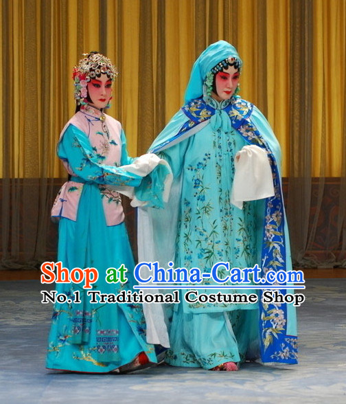 Chinese Peking Opera Beijing Opera Blue Costumes and Headwear 2 Sets
