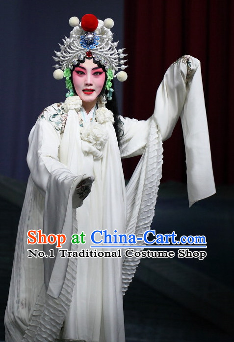 Pure White Chinese Beijing Opera Hua Dan Hua Tan Costumes and Hair Accessories Complete Set for Women