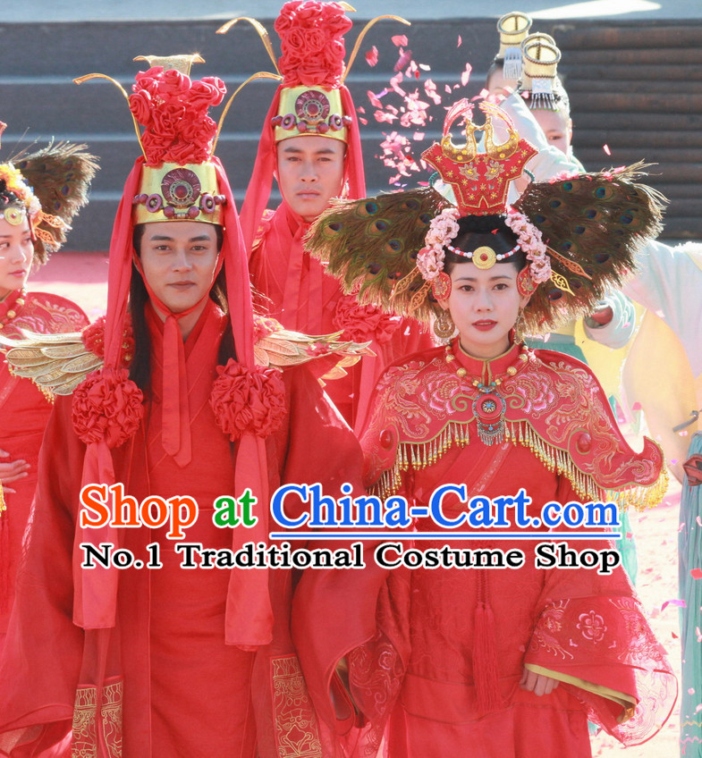 Chinese Ancient Ethnic Minority Wedding Dresses and Headwear 2 Sets