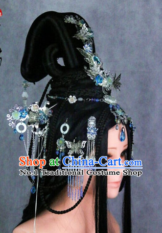 Chinese Traditional Handmade Empress Long Black WIgs and Hair Accessories Set
