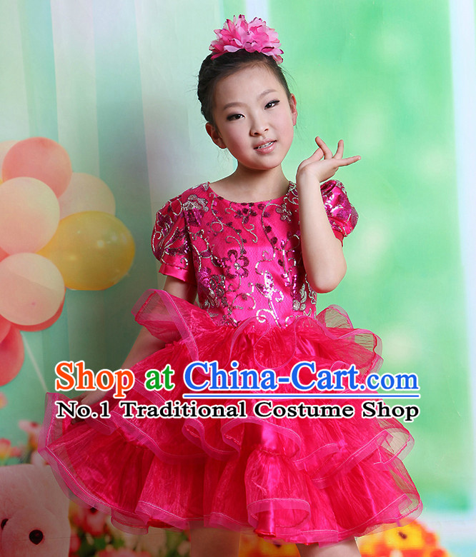 Chinese Fan Dance Costume and Headwear Complete Set for Kids