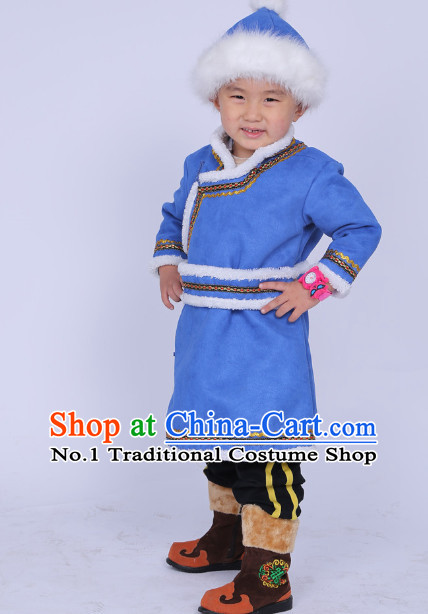 Traditional Chinese Photo Costume Mongolian Long Robe and Hat Complete Set for Boys