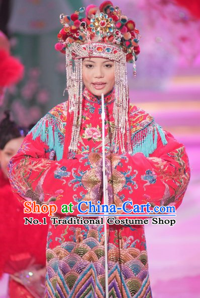 Traditional Chinese Classical Wedding Dress Clothes and Phoeninx Hat Complete Set for Women