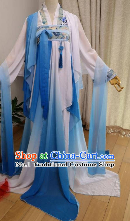 White Blue Ancient Chinese Dancer Costumes Complete Set for Women