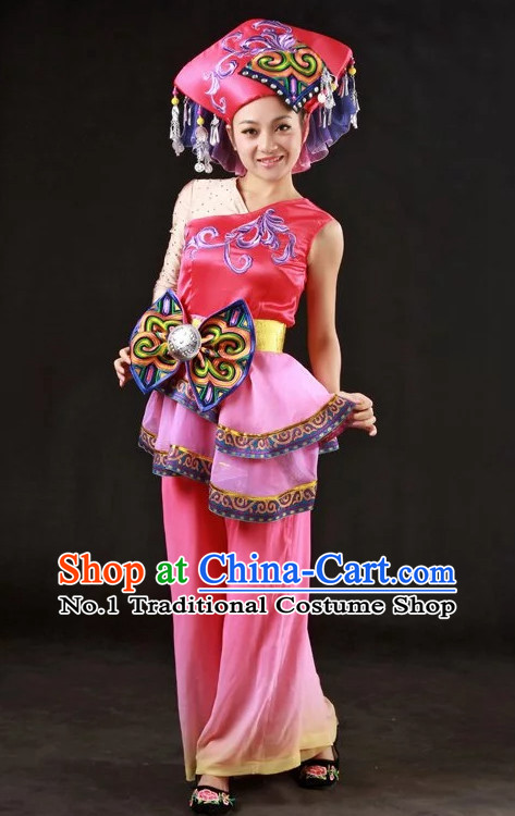 Long Sleeves Traditional Chinese Zhuang Dress and Hair Accessories Complete Set for Women