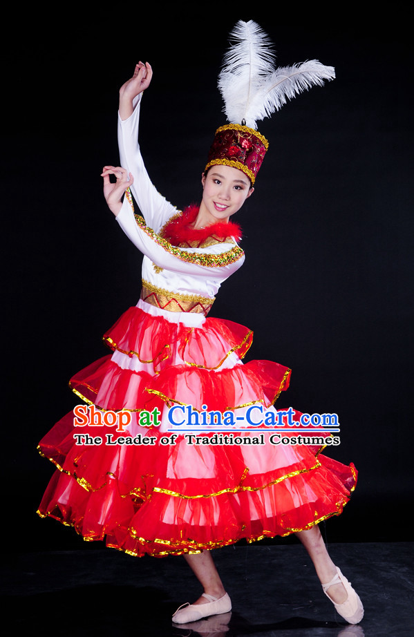 China Stage Ethnic Xinjiang Dance Costume and Headpiece for Girls
