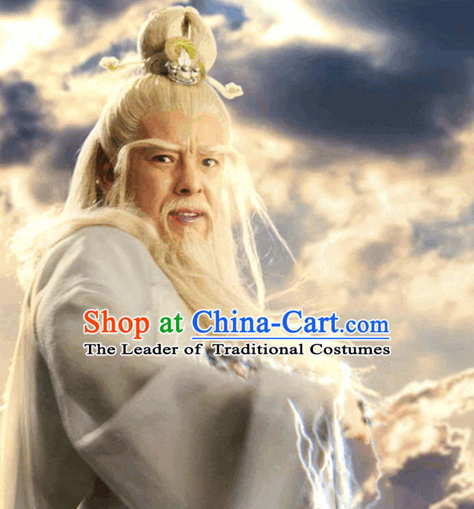Ancient Chinese Grandfather White Long Wigs and Hair Accessories