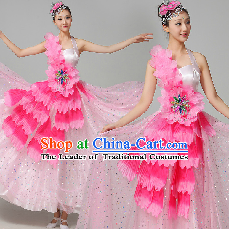 Chinese Flower Dance Costumes Ribbon Dancing Costume Dancewear China Dress Dance Wear and Hair Accessories Complete Set