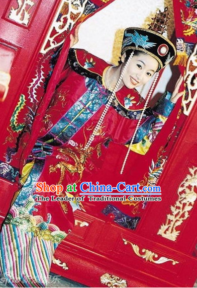 Chinese Ancient Empress Wedding Dresses and Hat Complete Set