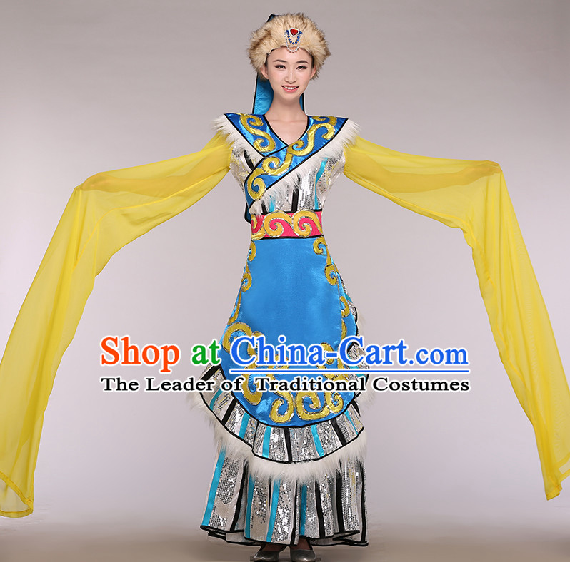 Chinese Long Sleeves Minority Competition Dance Costume Group Dancing Costumes and Hat Complete Set for Women