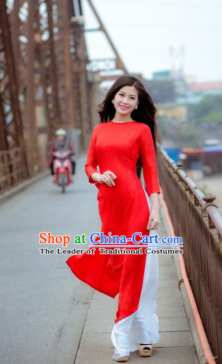 Red Viet Cheongsam and Pants Complete Set