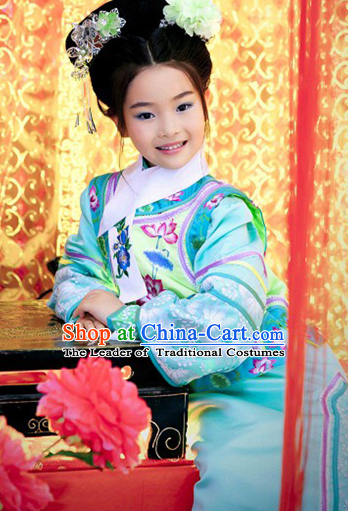 Qing Dynasty Princess Clothing and Headwear Complete Set for Kids