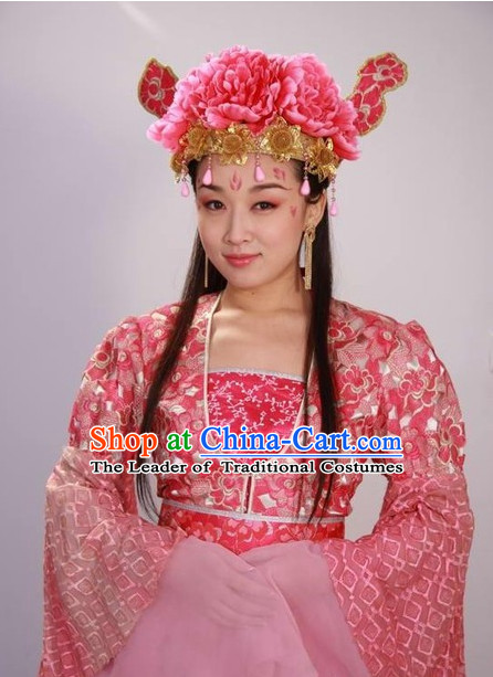 Chinese Flower Stage Performance Pink Dancing Costume and Head Wear for Women