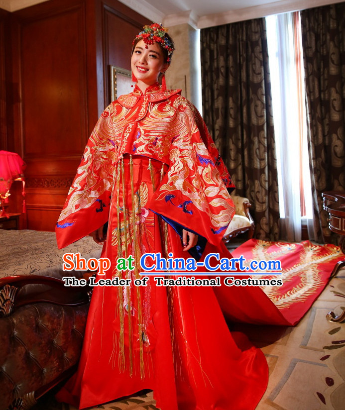 Long Tail Traditional Chinese Wedding Brides Dresses and Hair Accessories Complete Set