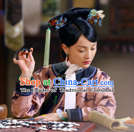Qing Dynasty Manchu Empress Black Wigs and Head Wear Headpieces Hair Jewelry
