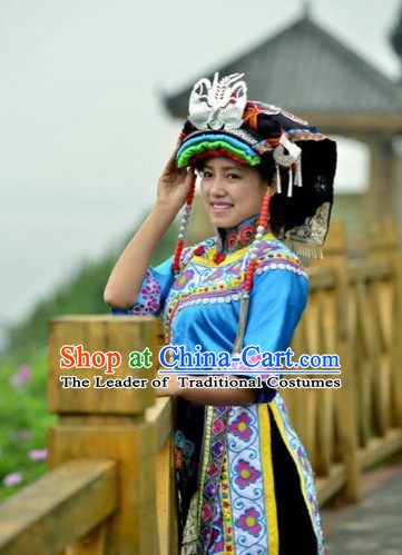 Chinese Folk Ethnic Traditional Garments and Hat Complete Set for Women